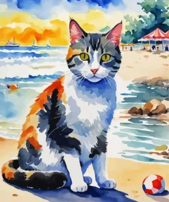Cat At The Beach Art Diamond Painting