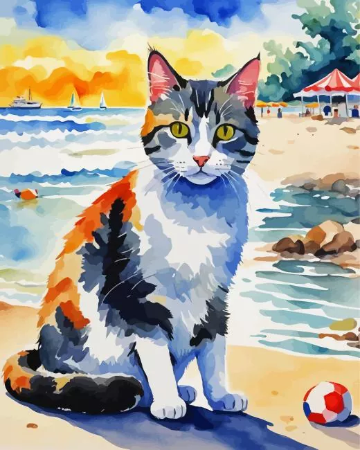 cat at the beach art Diamond With Numbers Cat At The Beach Art Diamond Painting
