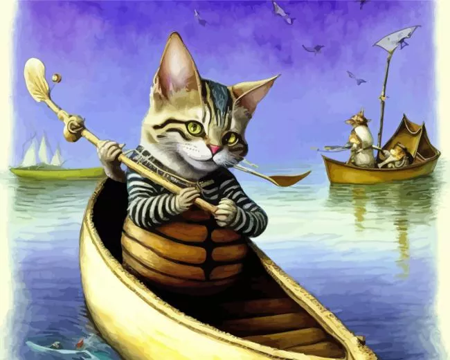 cat rowing a boat Diamond With Numbers Cat Rowing A Boat Diamond Painting
