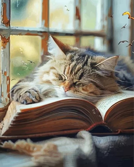 cat sleeping on book Diamond With Numbers Cat Sleeping On Book Diamond Painting