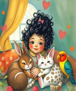 Cute Little Girl And Her Pets Diamond Painting