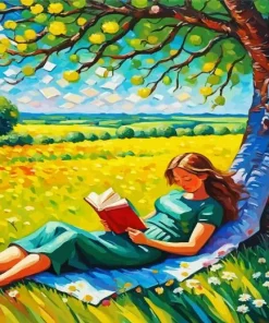 Girl Laying Down Reading Under Tree Diamond Painting