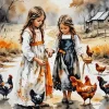 Girls Feeding Chickens Diamond Painting