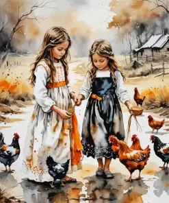 Girls Feeding Chickens Diamond Painting