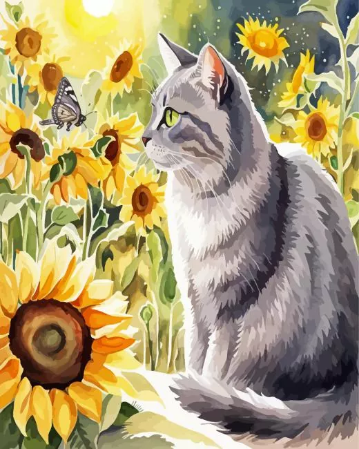 grey cat and sunflower Diamond Paintings Grey Cat And Sunflower Diamond Painting
