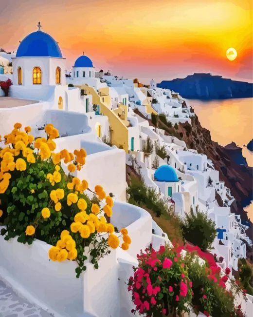 santorini flowers art Diamond By Numbers Santorini Flowers Art Diamond Painting