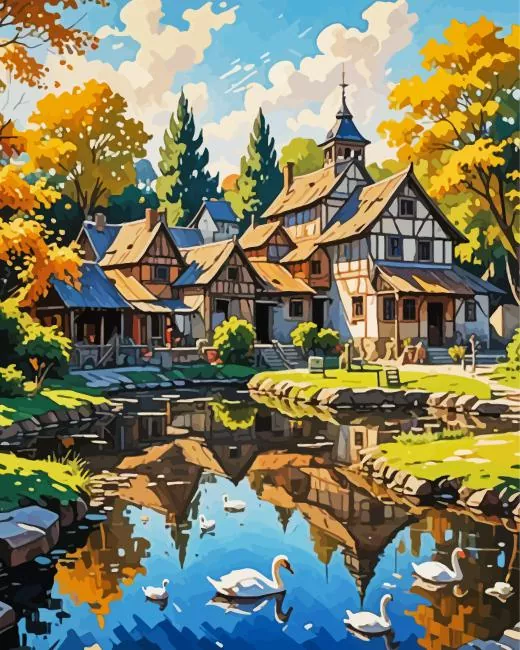 scenery of village art Diamond By Numbers Scenery Of Village Art Diamond Painting