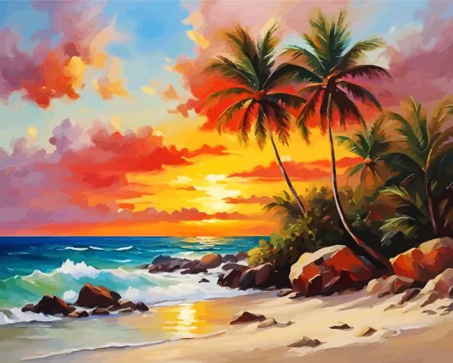 seascape with palm trees art Diamond With Numbers Seascape With Palm Trees Art Diamond Painting