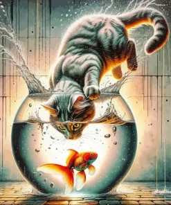 Cat In Fish Bowl Diamond Painting