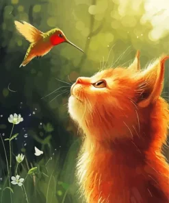 Orange Cat And Hummingbird Diamond Painting