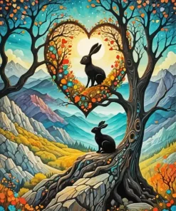 Aesthetic Rabbits Heart Tree Diamond Painting