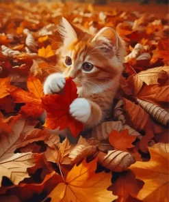 Cat In Fall Leaves Diamond Painting